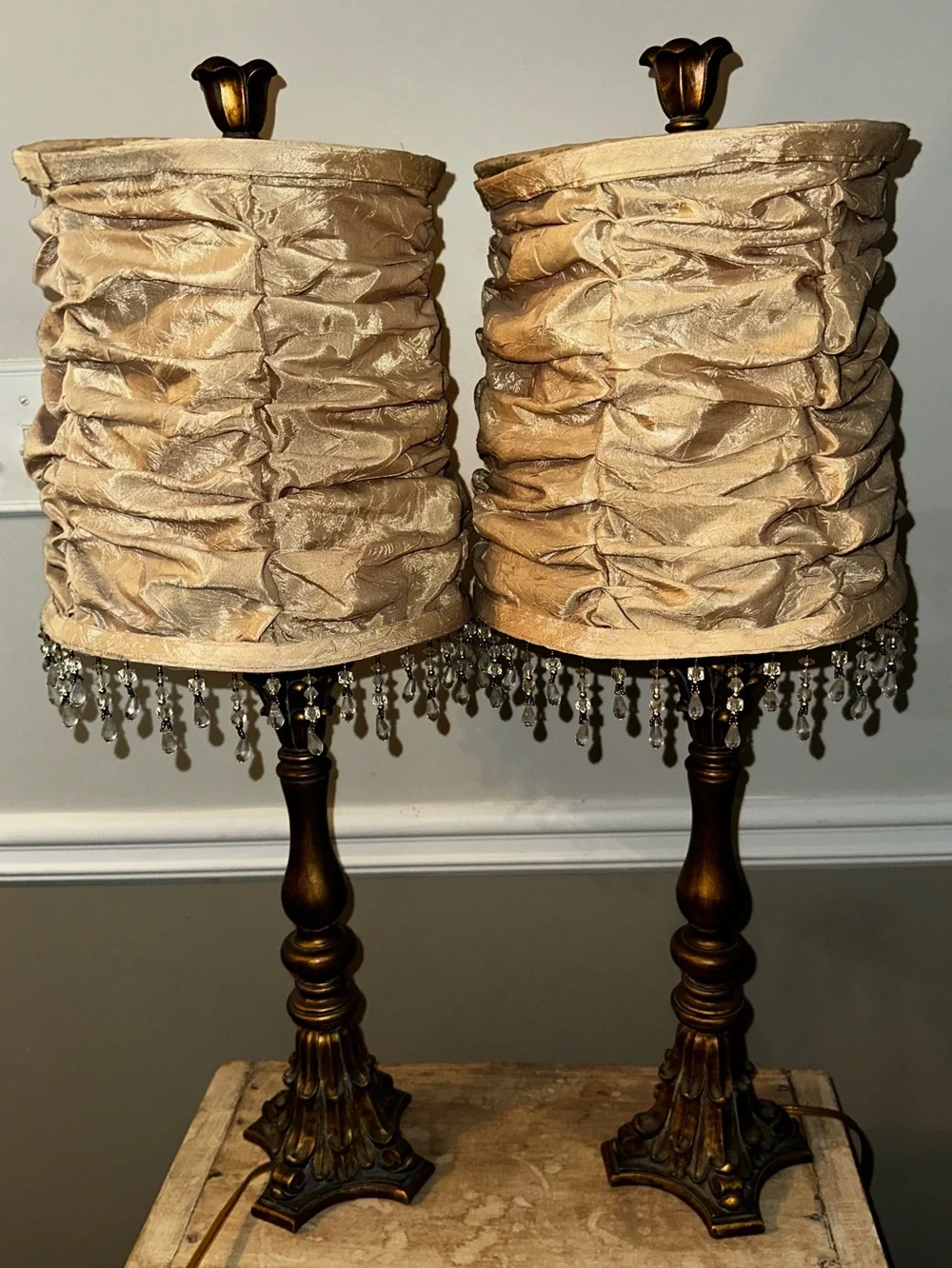 2 Elegant Ruffled Amber Table Lamp with Crystal Fringe - Home Accents